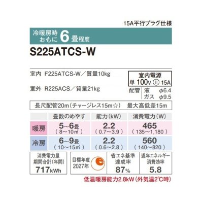 画像2: [在庫あり] ダイキン S225ATCS-W エアコン 6畳 ルームエアコン CXシリーズ 単相100V 15A 6畳程度 ホワイト (S224ATCS-W 後継品) ☆2♭