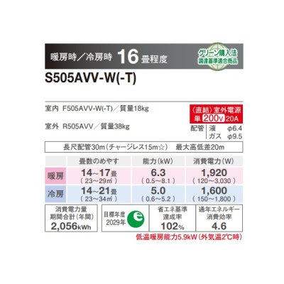 画像2: ダイキン S505AVV-W ハウジングエアコン 床置形 Vシリーズ 16畳程度 単相200V ホワイト (S5ZVV-Wの後継品) ♪