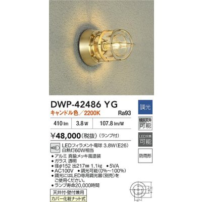画像2: 大光電機(DAIKO) DWP-42486YG アウトドアライト ポーチ灯 調光(調光器別売) キャンドル色 LED ランプ付 防雨形 真鍮