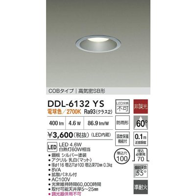 画像2: 大光電機(DAIKO) DDL-6132YS ダウンライト 埋込穴φ100 非調光 電球色 LED内臓 ベーシック COBタイプ 高気密SB形 防雨形 シルバー