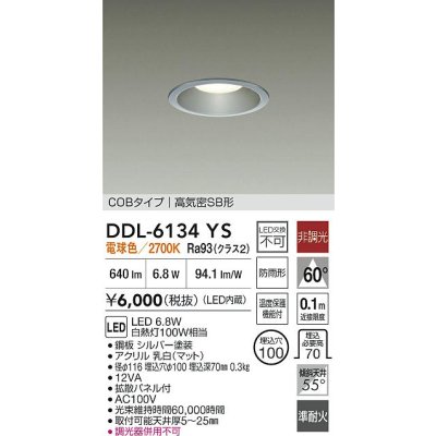 画像2: 大光電機(DAIKO) DDL-6134YS ダウンライト 埋込穴φ100 非調光 電球色 LED内臓 ベーシック COBタイプ 高気密SB形 防雨形 シルバー
