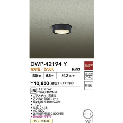 画像2: 大光電機(DAIKO) DWP-42194Y アウトドアライト 軒下シーリング 非調光 電球色 LED内臓 防雨形 ブラック