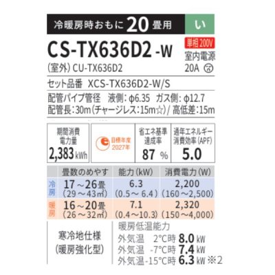 画像2: パナソニック CS-TX636D2-W エアコン 20畳 ルームエアコン TXシリーズ フル暖 エオリア 寒冷地 単相200V 20畳程度 クリスタルホワイト (CS-TX635D2-Wの後継品)