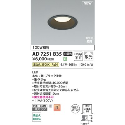 画像2: コイズミ照明 AD7251B35 ダウンライト φ100 非調光 温白色 パネル 高気密SB 高演色R+ 防雨・防湿型 ブラック