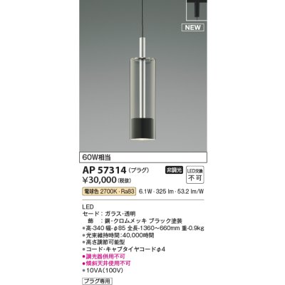 画像2: コイズミ照明 AP57314 ペンダント 非調光 電球色 プラグタイプ ブラック