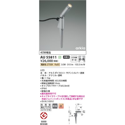 画像2: コイズミ照明 AU55811 エクステリア スパイクスポット 非調光 電球色 高演色R+ 防雨型 サテンシルバー