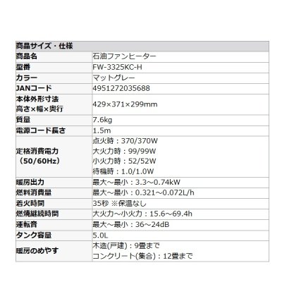 画像2: ダイニチ Dainichi FW-3325KC-H 石油ファンヒーター マットグレー 木造9畳 コンクリート12畳 小型 ℃℃