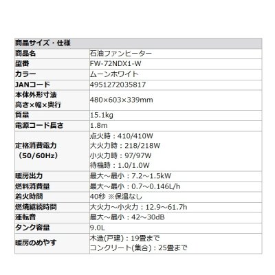 画像2: ダイニチ Dainichi FW-72NDX1-W 石油ファンヒーター ムーンホワイト ハイパワー 暖房器具 木造19畳 コンクリート25畳 ℃℃