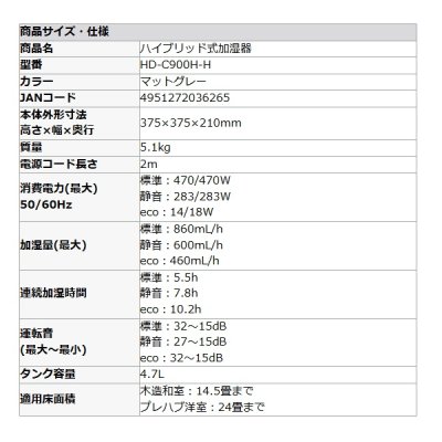 画像2: ダイニチ Dainichi HD-C900H-H ハイブリッド式加湿器 マットグレー プレハブ洋室24畳 木造和室14.5畳 ℃℃