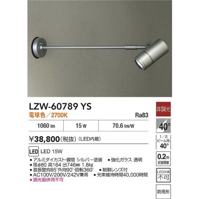 画像2: 大光電機(DAIKO) LZW-60789YS アウトドア スポットライト 非調光 電源内蔵 電球色 LED アームタイプ 防雨形 シルバー