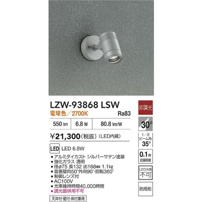 画像2: 大光電機(DAIKO) LZW-93868LSW アウトドア スポットライト 非調光 電源内蔵 電球色 LED フランジタイプ 防雨形 シルバーサテン