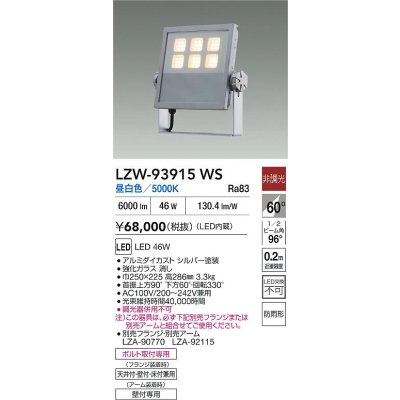 画像2: 大光電機(DAIKO) LZW-93915WS アウトドア ウォールスポット 非調光 灯具本体 アーム別売 電源内蔵 昼白色 LED 防雨形 シルバー