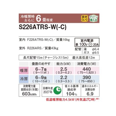 画像2: ダイキン S226ATRS-W エアコン 6畳 ルームエアコン RXシリーズ うるるとさらら 単相100V 20A 6畳程度 ホワイト (S225ATRS-W 後継品) ♪