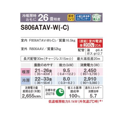 画像2: ダイキン S806ATAV-W エアコン 26畳 ルームエアコン AXシリーズ 室外電源タイプ 単相200V 20A 26畳程度 ホワイト (S805ATAV-W 後継品) ♪