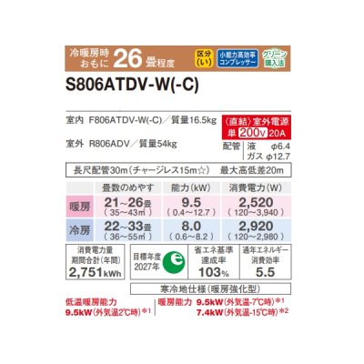 画像2: ダイキン S806ATDV-W エアコン 26畳 ルームエアコン DXシリーズ スゴ暖 室外電源タイプ 単相200V 20A 26畳程度 ホワイト (S805ATDV-W 後継品) ♪