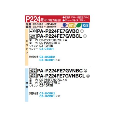 画像2: パナソニック 『PA-P224FE7GVNBCL＋分岐管』 業務用エアコン ビルトインオールダクト形 XEPHY Premium 標準 同時ダブルツイン P224形 8.0馬力 三相200V ♪