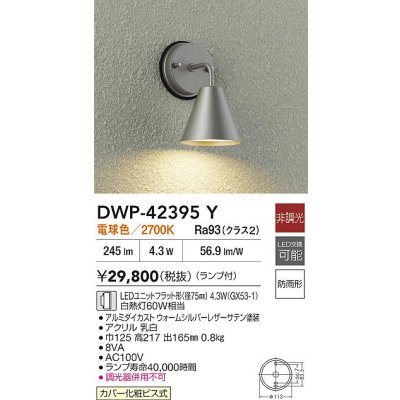 画像2: 大光電機(DAIKO) DWP-42395Y アウトドアライト ポーチ灯 非調光 電球色 LED ランプ付 防雨形 ウォームシルバー