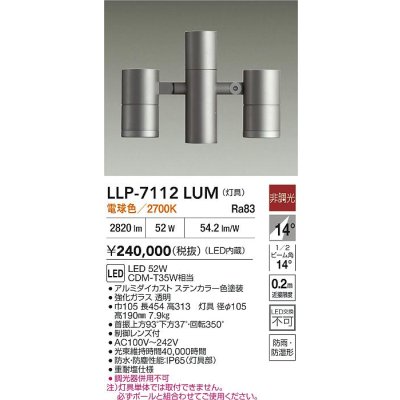 画像2: 大光電機(DAIKO) LLP-7112LUM アウトドアライト ポールスポットライト 非調光 電球色 灯具本体 2灯用 LED内蔵 ポール別売 防雨・防湿型 ステンカラー