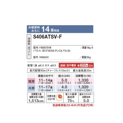 画像2: ダイキン S406ATSV-F エアコン 14畳 ルームエアコン SXシリーズ risora 室外電源タイプ 単相200V 20A 14畳程度 ファブリックホワイト (S403ATSV-F 後継品) ♪