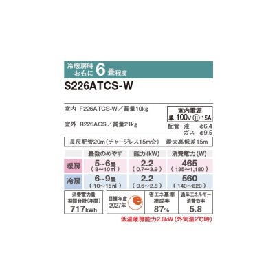 画像2: ダイキン S226ATCS-W エアコン 6畳 ルームエアコン CXシリーズ 単相100V 15A 6畳程度 ホワイト (S225ATCS-W 後継品) ♪