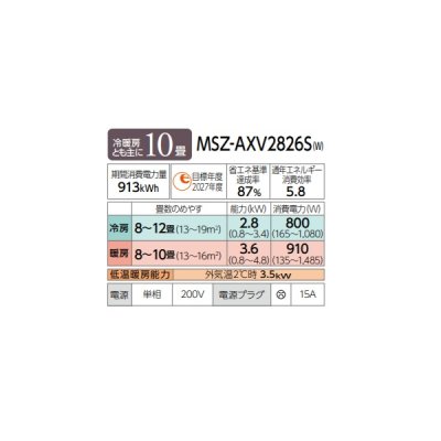 画像2: 三菱 MSZ-AXV2826S(W) エアコン 10畳 ルームエアコン AXVシリーズ 単相200Ｖ/15A 10畳程度 ピュアホワイト (MSZ-AXV2825S-Wの後継品)