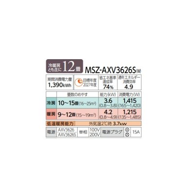 画像2: 三菱 MSZ-AXV3626S(W) エアコン 12畳 ルームエアコン AXVシリーズ 単相200V/15A 12畳程度 ピュアホワイト (MSZ-AXV3625S-Wの後継品)