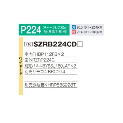 画像2: ダイキン 『SZRB224CD+分岐管』 業務用エアコン 天井埋込カセット形 ビルトインHi ツイン同時マルチ EcoZEAS P224形 8馬力 三相 ワイヤード ♪