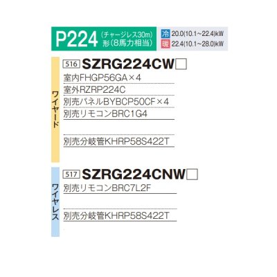 画像2: ダイキン 『SZRG224CW F+分岐管』 業務用エアコン 天井埋込カセット形 エコ・ダブルフロー 標準 ダブルツイン EcoZEAS P224形 8馬力 三相 ワイヤード ♪