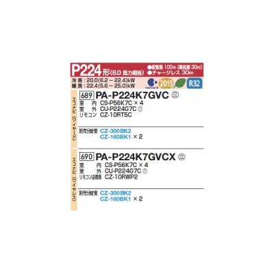 画像2: パナソニック 『PA-P224K7GVCX+分岐管』 業務用エアコン 壁掛形 エコナビ(ワイヤレス) 同時ダブルツイン P224 形8.0馬力 三相200V ♪