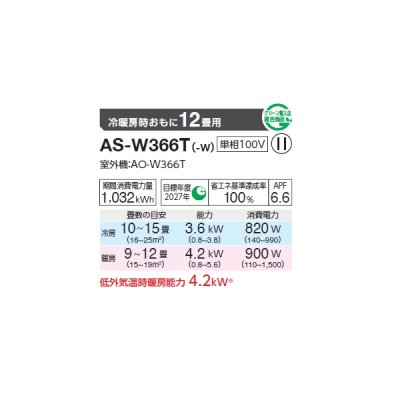 画像2: ゼネラル AS-W366T エアコン 12畳 ルームエアコン Wシリーズ ノクリア 単相100V 12畳程度 (AS-W365S の後継品)