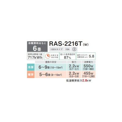 画像2: 日本キヤリア/旧東芝 RAS-2216T(W) エアコン 6畳用 ルームエアコン Tシリーズ 単相100V 6畳程度 ホワイト (RAS-2215T-Wの後継品)