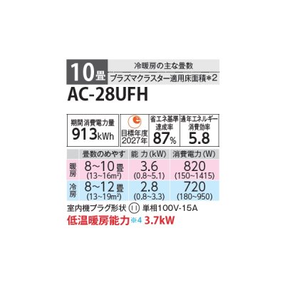 画像2: シャープ AC-28UFH エアコン 10畳 ルームエアコン FHシリーズ プラズマクラスター 単相100V 10畳程度 ホワイト (AC-28TFHの後継品)