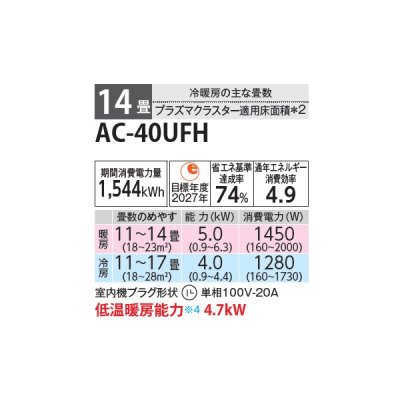 画像2: シャープ AC-40UFH エアコン 14畳 ルームエアコン FHシリーズ プラズマクラスター 単相100V 14畳程度 ホワイト (AC-40TFHの後継品)