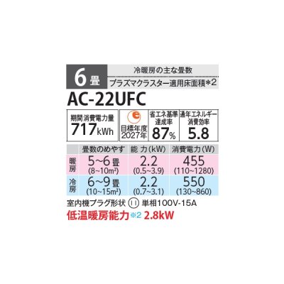 画像2: シャープ AC-22UFC エアコン 6畳 ルームエアコン FCシリーズ プラズマクラスター 単相100V 6畳程度 ホワイト (AC-22TFCの後継品)