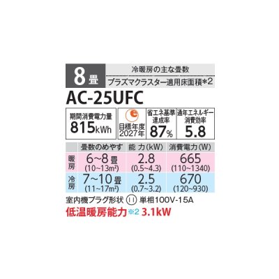 画像2: シャープ AC-25UFC エアコン 8畳 ルームエアコン FCシリーズ プラズマクラスター 単相100V 8畳程度 ホワイト (AC-25TFCの後継品)