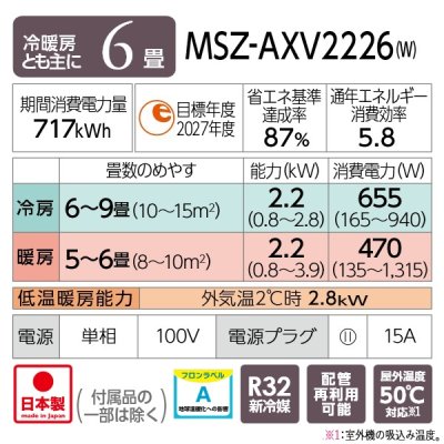 画像2: 『在庫あり』 三菱 MSZ-AXV2226(W) エアコン 6畳 ルームエアコン AXVシリーズ 単相100V/15A 6畳程度 ピュアホワイト (MSZ-AXV2225-Wの後継品) ☆2