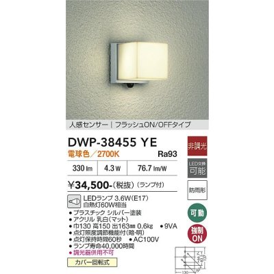 画像2: 大光電機(DAIKO) DWP-38455YE アウトドアライト ポーチ灯 非調光 電球色 LED ランプ付 人感センサー フラッシュON/OFFタイプ 防雨形 シルバー