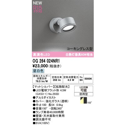 画像2: オーデリック OG264024NR1 エクステリアライト スポットライト LEDランプ 昼白色 高演色LED コーキングレス型 防雨型 マットシルバー
