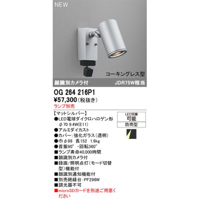 画像2: オーデリック OG264216P1 エクステリアライト スポットライト LEDランプ 顔識別カメラ付 コーキングレス型 防雨型 本体のみ ランプ別売 マットシルバー