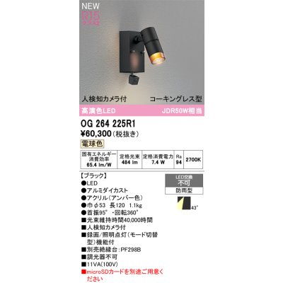 画像2: オーデリック OG264225R1 エクステリアライト スポットライト LED一体型 電球色 高演色LED 人検知カメラ付 コーキングレス型 防雨型 ブラック