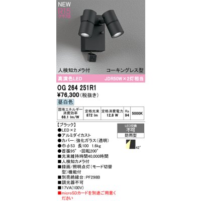 画像2: オーデリック OG264251R1 エクステリアライト スポットライト LED一体型 昼白色 高演色LED 人検知カメラ付 コーキングレス型 防雨型 ブラック
