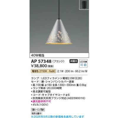 画像2: コイズミ照明 AP57348 ペンダント 非調光 LED 電球色 フランジタイプ シャンパンシルバー ∽