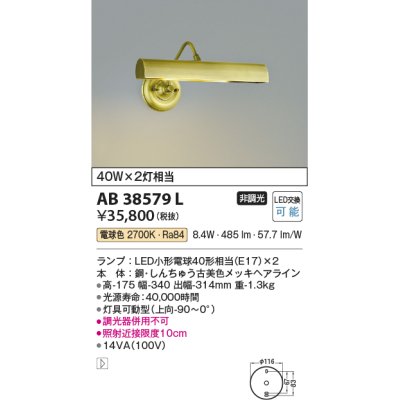 画像1: コイズミ照明　AB38579L　ブラケット LEDピクチャーライト LED付 電球色 白熱球40W×2灯相当 灯具可動型 しんちゅう古美