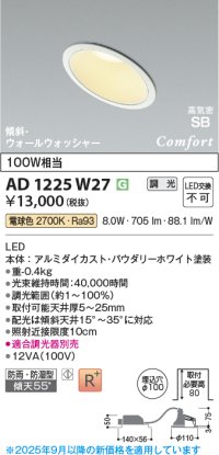 コイズミ照明 AD1225W27 ダウンライト 埋込穴φ100 調光 調光器別売 LED一体型 電球色 高気密SB形 傾斜・ウォールウォッシャー 防雨・防湿型 パウダリーホワイト