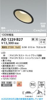 コイズミ照明 AD1229B27 ダウンライト 埋込穴φ100 調光 調光器別売 LED一体型 電球色 高気密SB形 傾斜・ウォールウォッシャー 防雨・防湿型 マットブラック