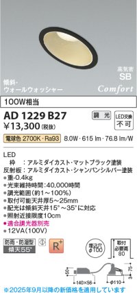 コイズミ照明 AD1229B27 ダウンライト 埋込穴φ100 調光 調光器別売 LED一体型 電球色 高気密SB形 傾斜・ウォールウォッシャー 防雨・防湿型 マットブラック
