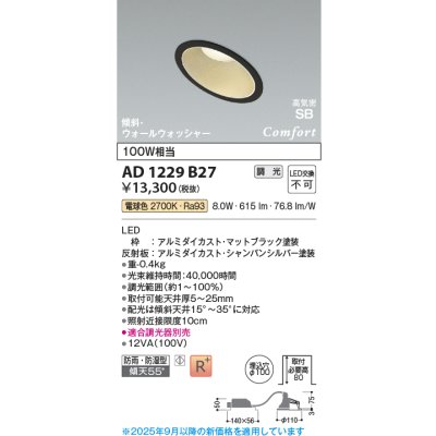 画像1: コイズミ照明 AD1229B27 ダウンライト 埋込穴φ100 調光 調光器別売 LED一体型 電球色 高気密SB形 傾斜・ウォールウォッシャー 防雨・防湿型 マットブラック