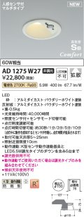 コイズミ照明 AD1275W27 ダウンライト 埋込穴φ100 非調光 電球色 人感センサ付 防雨型 パウダリーホワイト
