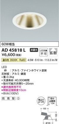 コイズミ照明　AD45818L　M形ダウンライト ON-OFFタイプ LED一体型 温白色 広角 φ125 防雨型 ホワイト