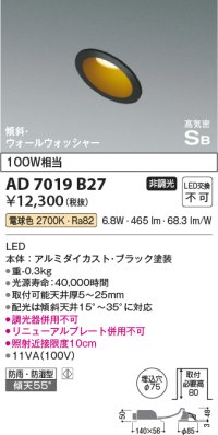 コイズミ照明　AD7019B27　ダウンライト φ75 非調光 LED一体型 電球色 高気密SB 傾斜 ウォールウォッシャー 防雨・防湿型 ブラック